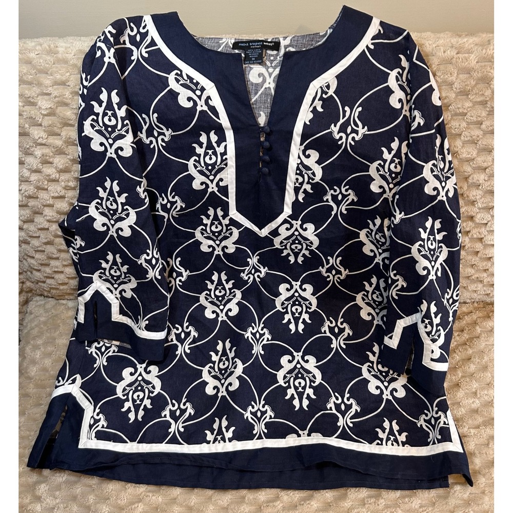Saint Tropez West women's 100% linen navy tunic top 1X white print cottage core - Picture 3 of 5